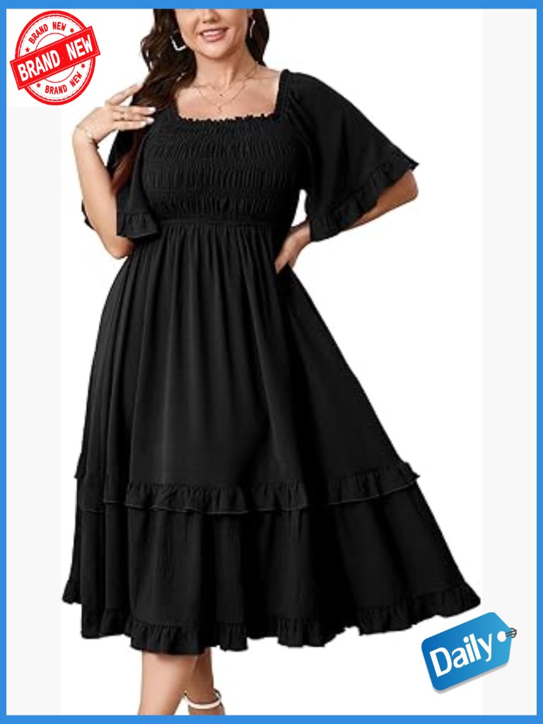 Plus Size Maxi Dress Short Sleeve Square Neck Smocked Wedding Guest Cocktail